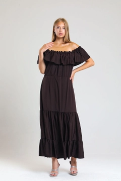 A wholesale clothing model wears sns10642-sense-brown-lace-collar-elastic-woven-viscose-long-dress, Turkish wholesale Dress of SENSE
