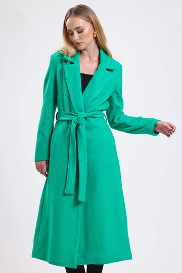 A wholesale clothing model wears  Sense Green Slit Detailed Belted Long Cashmere Coat
, Turkish wholesale Coat of SENSE