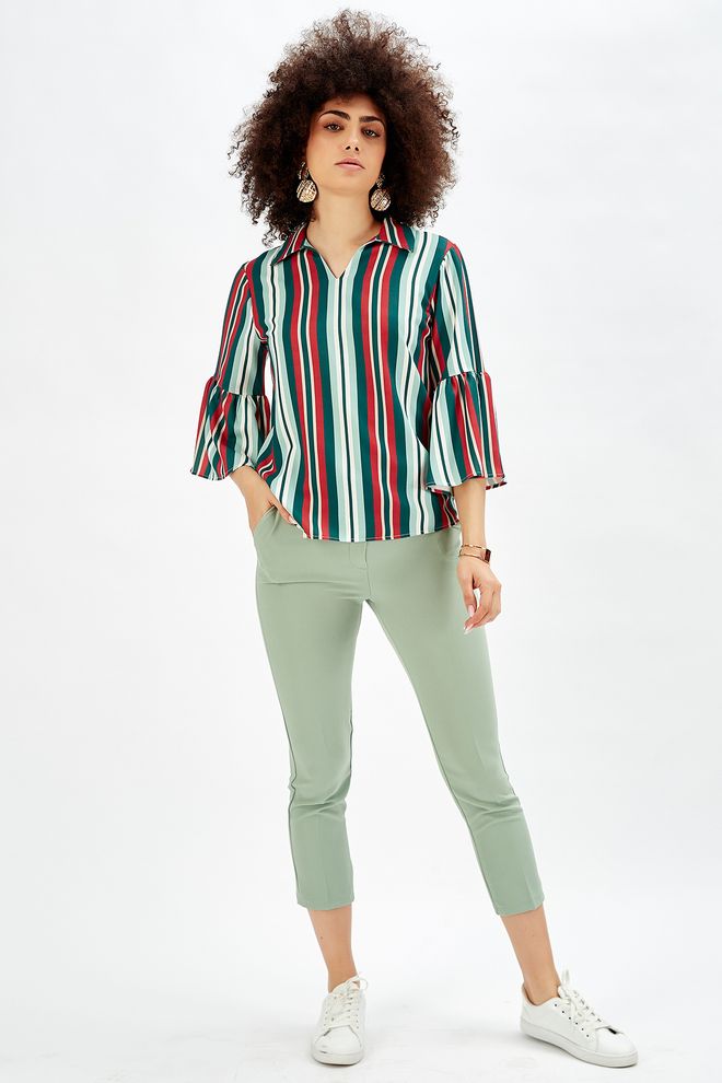 SENSE Sense Aqua Green Trousers Ankle Atlas Fabric Trousers Wholesale Clothing Polyester