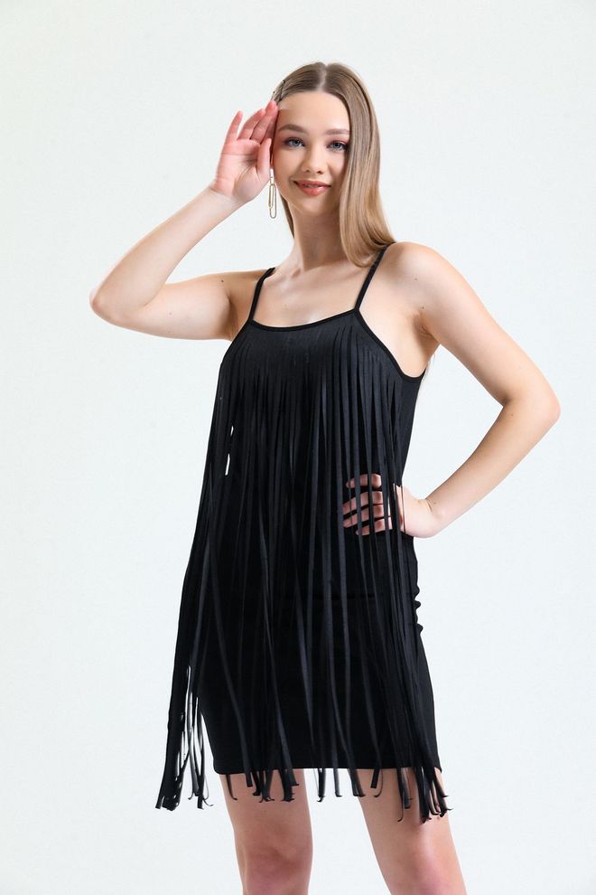 SENSE Sense Black Tasseled Vakarinė Suknelė Mini Suknelė Didmeninė prekyba drabužiais Išleistuvės