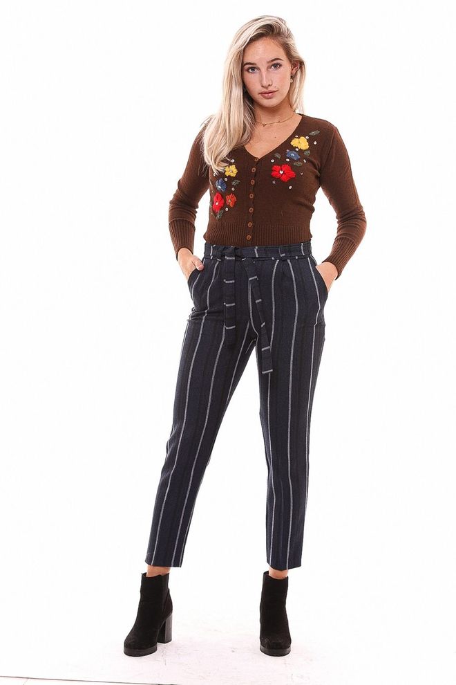 SENSE Sense Indigo Striped Ankle Trousers With Waist Belt Wholesale Clothing Polyester