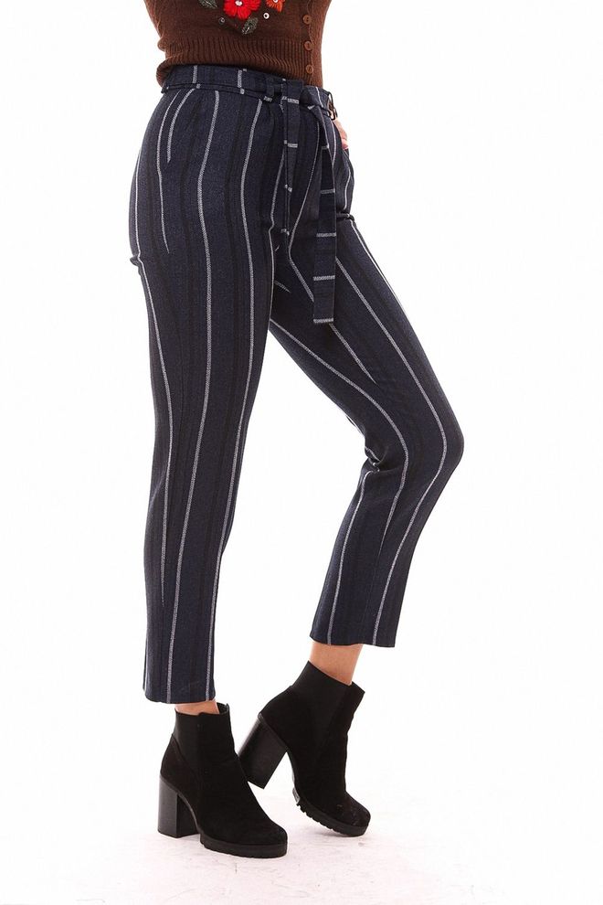 SENSE Sense Indigo Striped Ankle Trousers With Waist Belt Wholesale Clothing Work