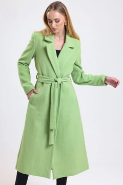 A wholesale clothing model wears sns10670-sense-mint-slit-detailed-belted-long-cuff-coat, Turkish wholesale Coat of SENSE
