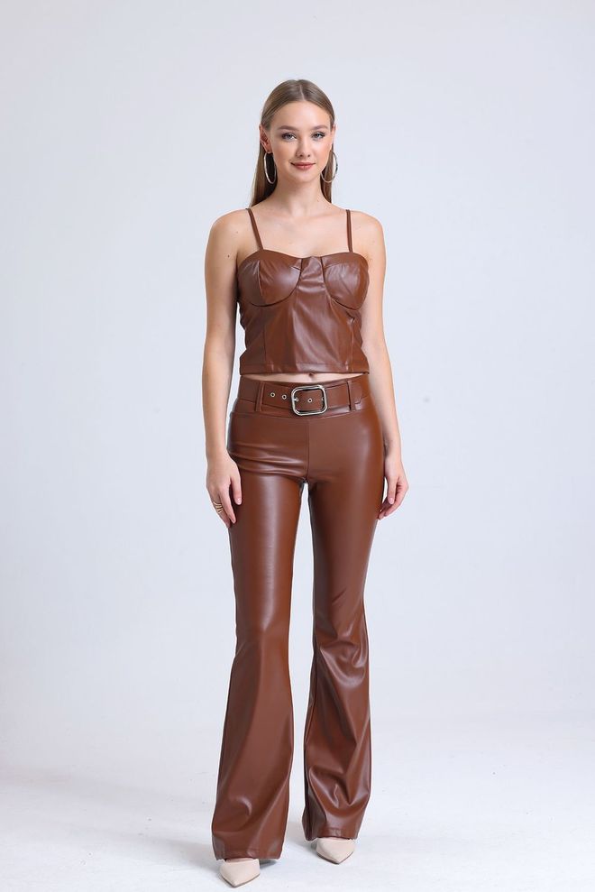 SENSE Sense Tan Belted Flare Leg Faux Leather Trousers PNT33313 Wholesale Clothing Elegant