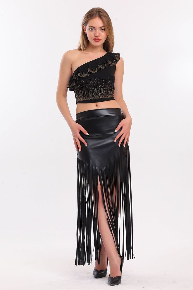 SENSE Sense Juodas Odinis Sijonas Su Kutais Didmeninė prekyba drabužiais Kokteilinė