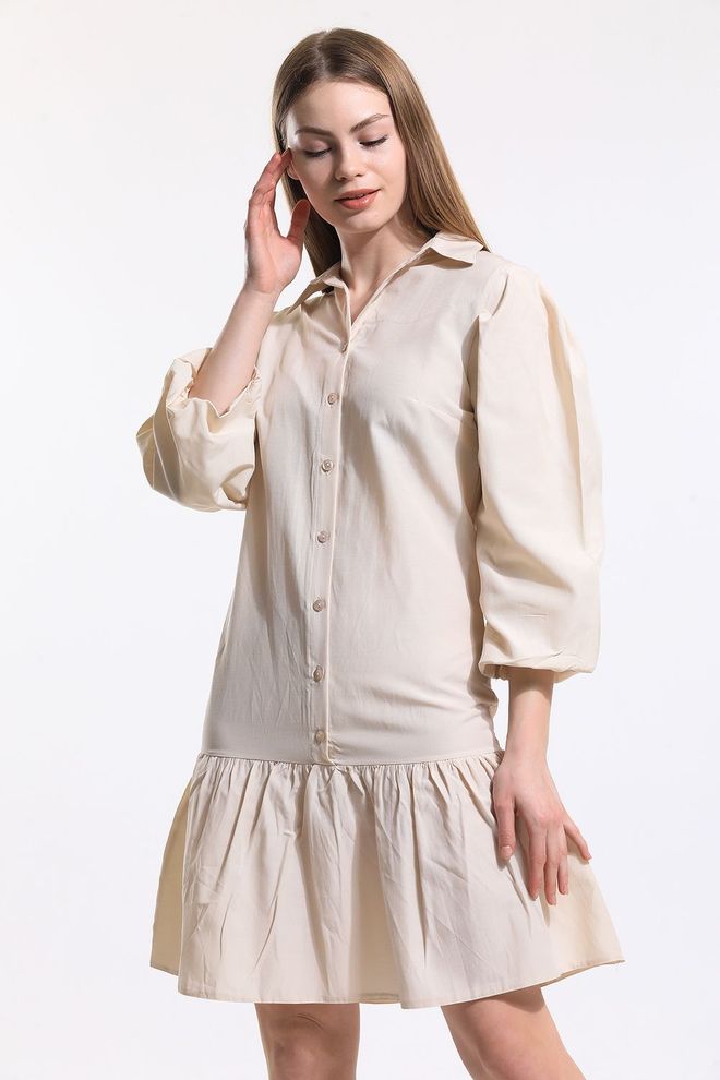 SENSE Vestido De Manga Larga Con Cuello Camisero Y Botones En Beige De Sense Ropa al por mayor Casual