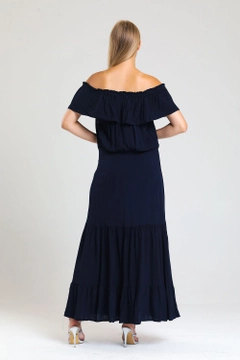 A wholesale clothing model wears sns10683-sense-navy-blue-lace-collar-elastic-woven-viscose-long-dress, Turkish wholesale Dress of SENSE