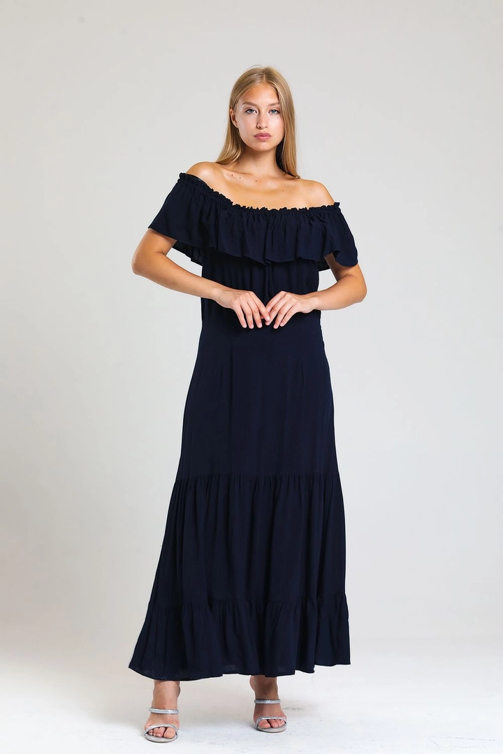 A wholesale clothing model wears sns10683-sense-navy-blue-lace-collar-elastic-woven-viscose-long-dress, Turkish wholesale Dress of SENSE