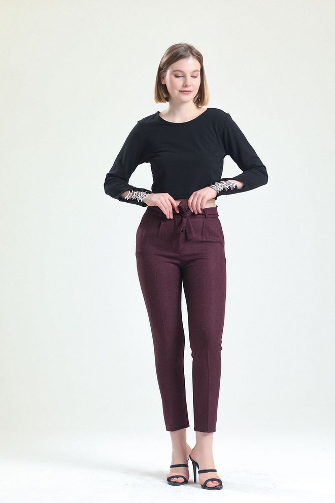 SENSE Sense Purple Waist Belted Ankle Trousers Wholesale Clothing Polyester