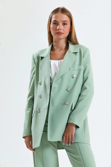 A wholesale clothing model wears  Sense Mold Green Lined Hürrem Fabric Oversize Blazer Jacket
, Turkish wholesale Jacket of SENSE