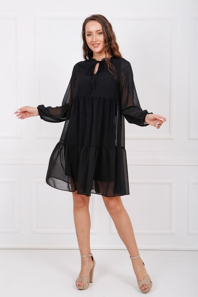 SENSE Schwarzes Langärmliges Mit Chiffon Gefüttertes Kleid Großhandelskleidung Lässig