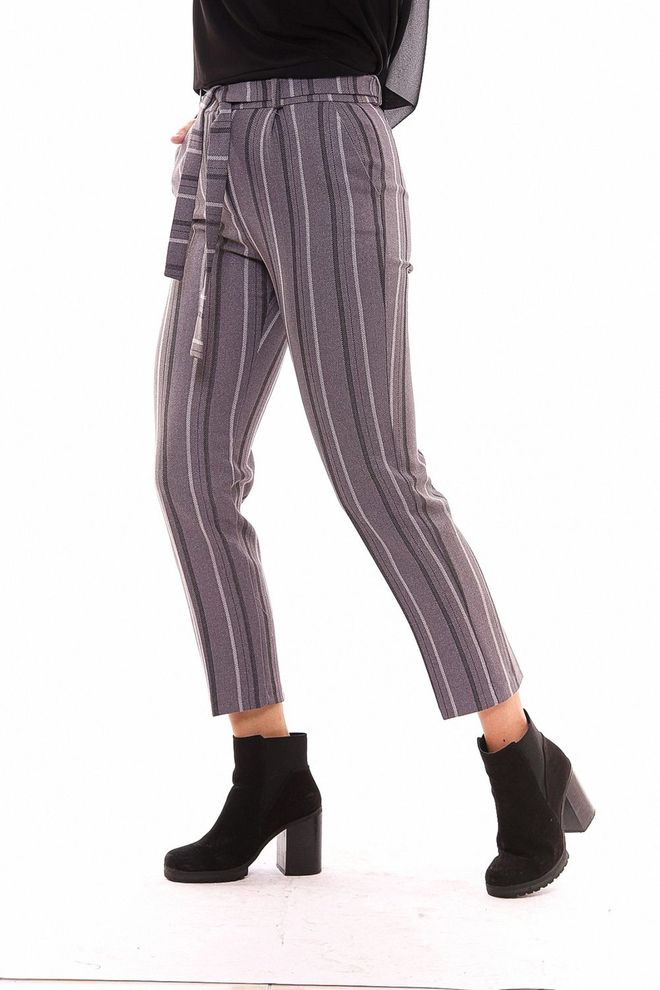 SENSE Sense Gray Striped Waist Belted Ankle Trousers Wholesale Clothing Polyester