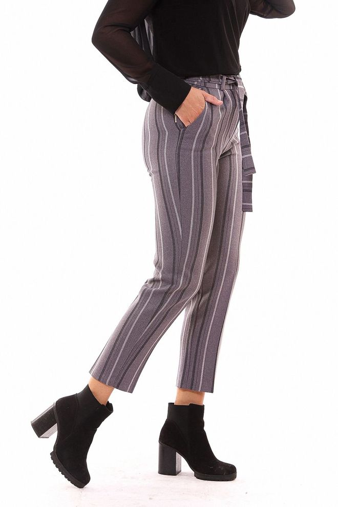 SENSE Sense Gray Striped Waist Belted Ankle Trousers Wholesale Clothing Work