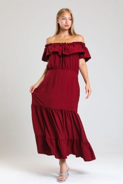 A wholesale clothing model wears sns10621-sense-claret-red-lace-collar-elastic-woven-viscose-long-dress, Turkish wholesale Dress of SENSE
