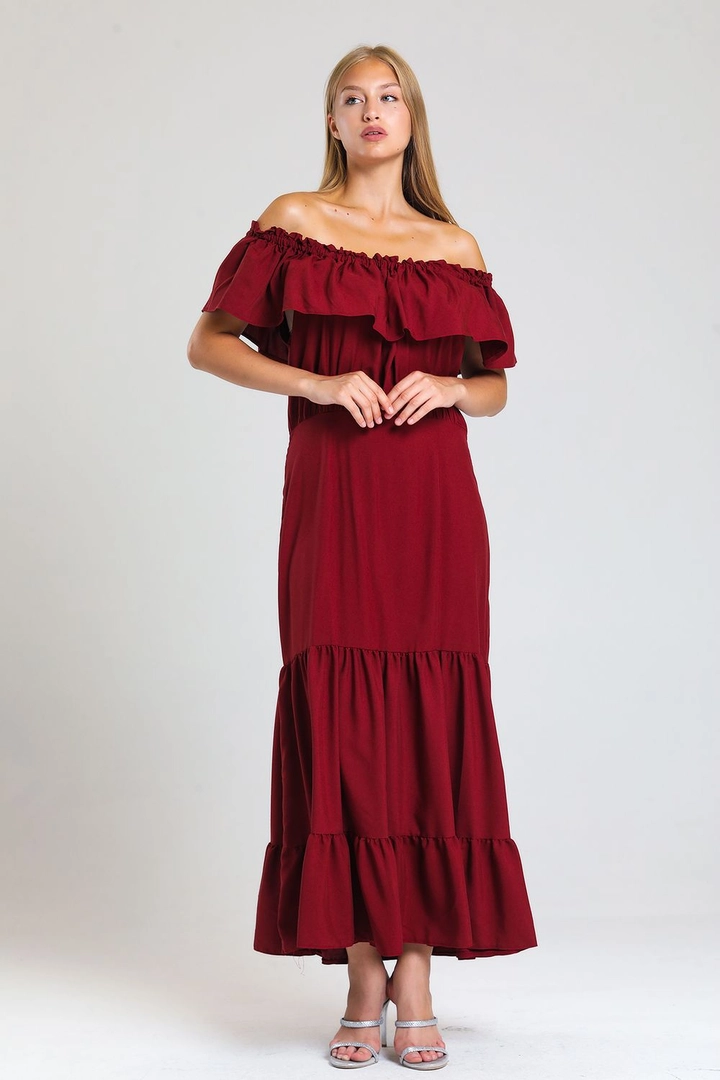 A wholesale clothing model wears sns10621-sense-claret-red-lace-collar-elastic-woven-viscose-long-dress, Turkish wholesale Dress of SENSE