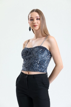 A wholesale clothing model wears sns10623-sense-dark-gray-zippered-sequined-velvet-bustier, Turkish wholesale Bustier of SENSE