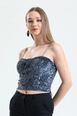 A wholesale clothing model wears sns10623-sense-dark-gray-zippered-sequined-velvet-bustier, Turkish wholesale  of 