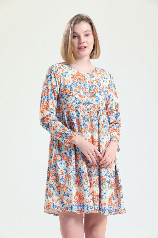 SENSE فستان Sense Orange Floral، متجمع تحت الصدر، منقوش برقبة حوض السباحة_Elb32126 ملابس بالجملة غير رسمي