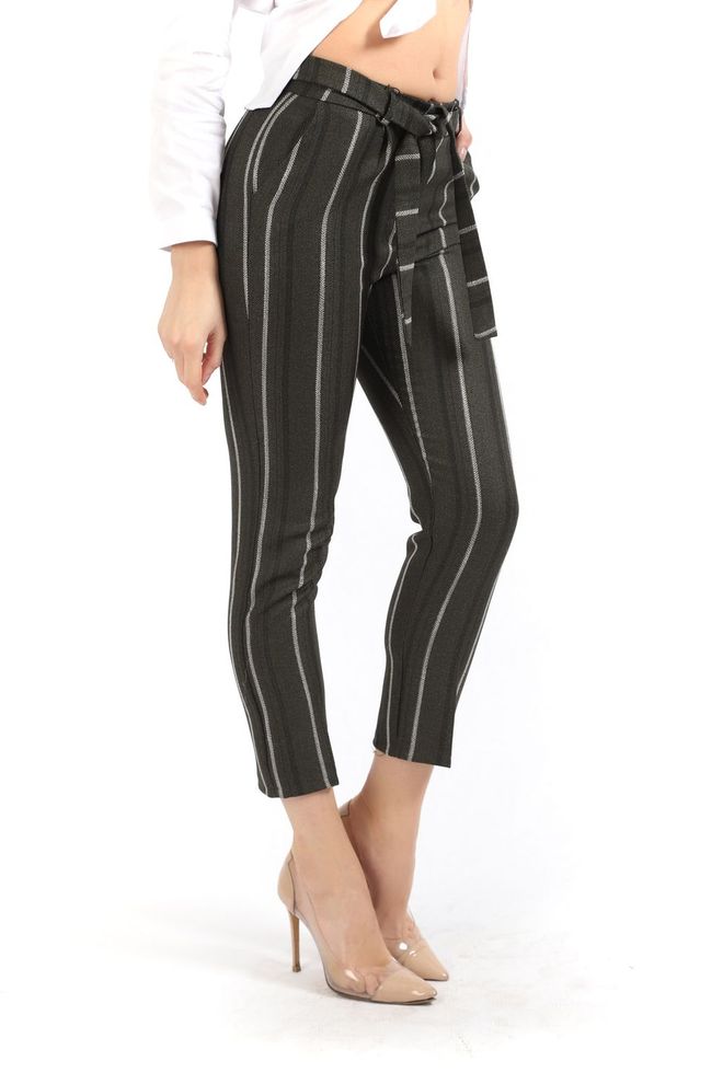 SENSE Sense Khaki Striped Ankle Trousers With Belt Waist Wholesale Clothing Fall