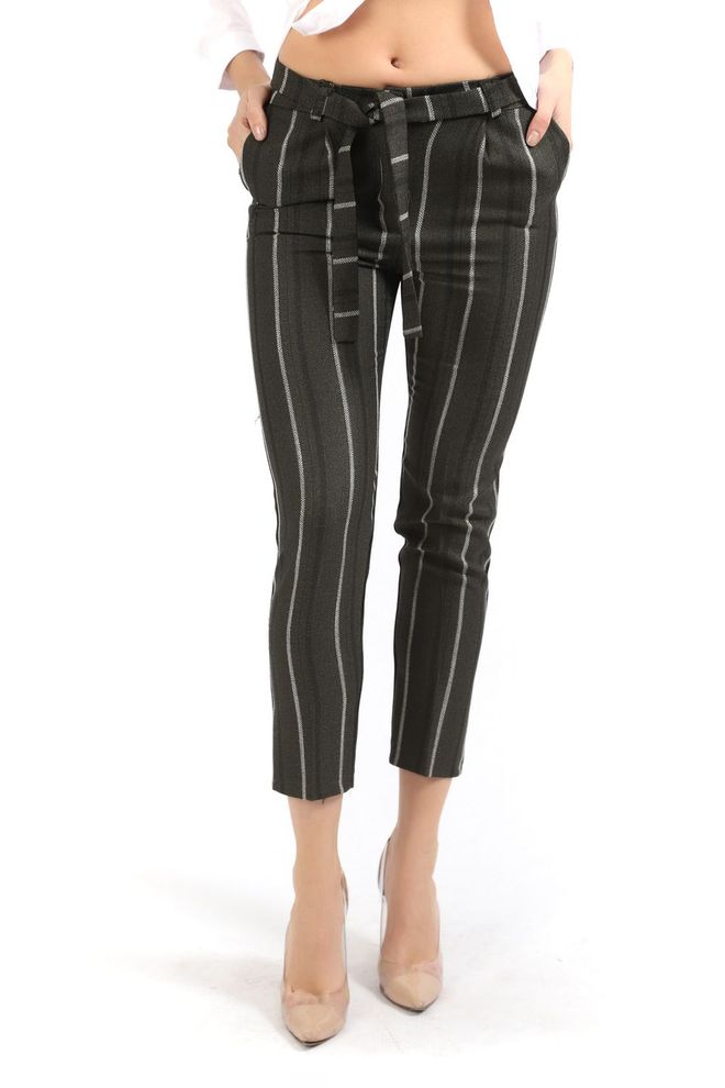 SENSE Sense Khaki Striped Ankle Trousers With Belt Waist Wholesale Clothing Polyester