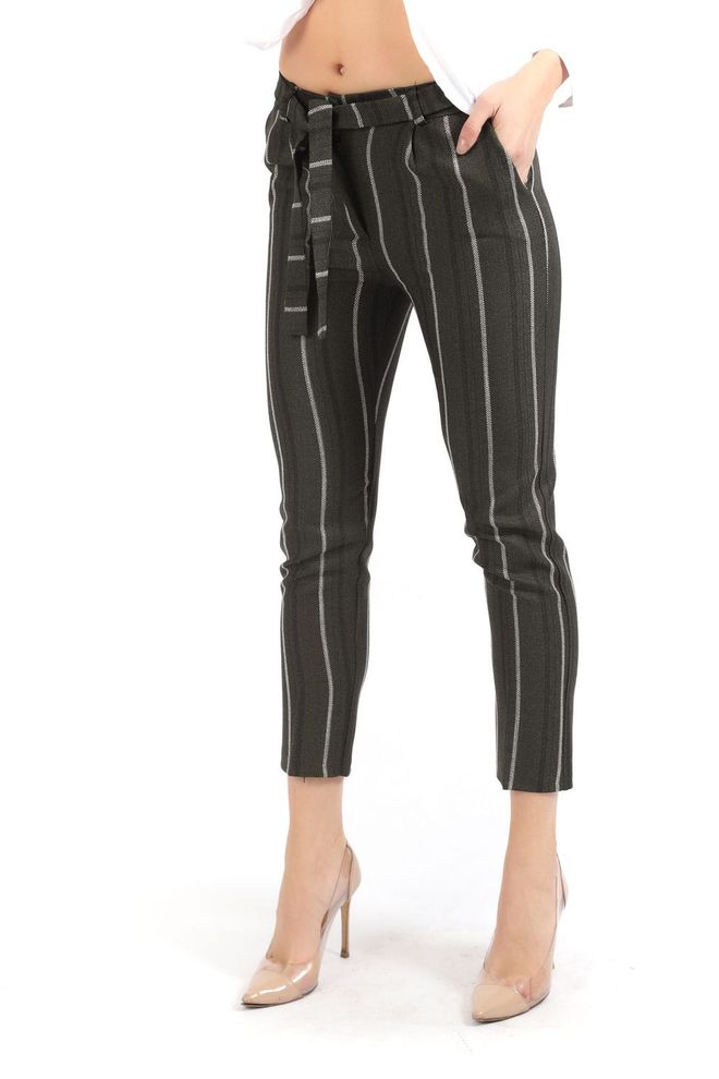 SENSE Sense Khaki Striped Ankle Trousers With Belt Waist Wholesale Clothing Work