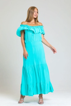 A wholesale clothing model wears sns10703-sense-water-green-lace-collar-elastic-woven-viscose-long-dress, Turkish wholesale Dress of SENSE