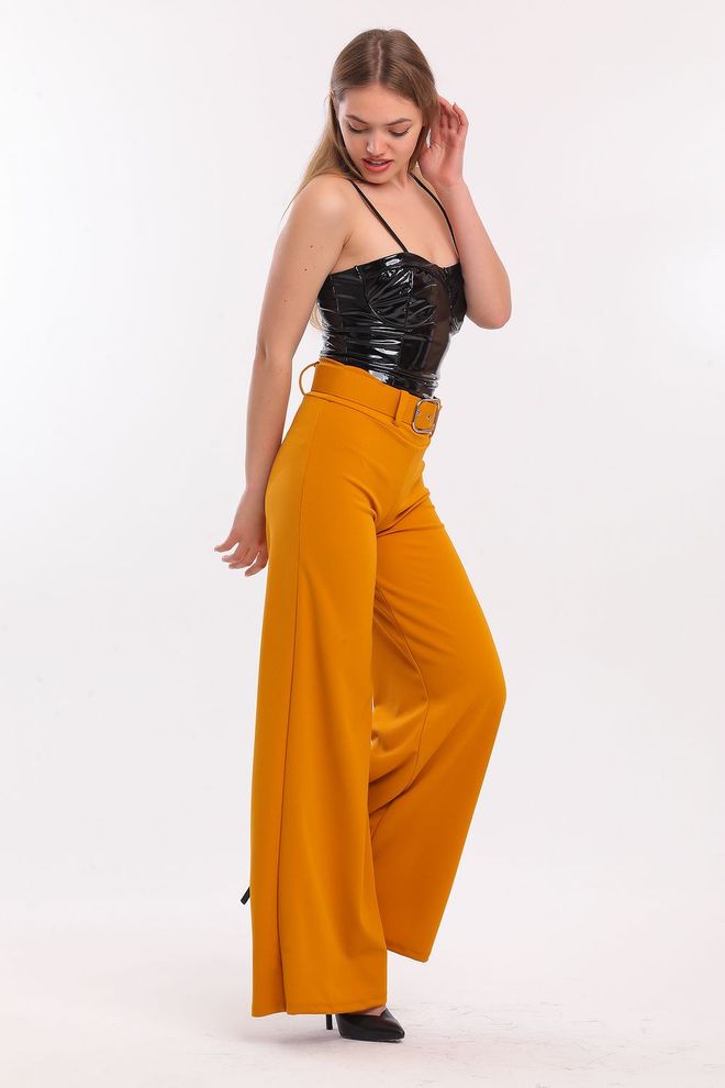 SENSE Sense Safran Kemerli İspanyol Paça Scuba Krep Pantolon Toptan Giyim Yaz