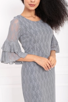A wholesale clothing model wears sns10714-sense-gray-guipure-sleeves-flounce-dress, Turkish wholesale Dress of SENSE