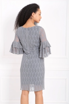 A wholesale clothing model wears sns10714-sense-gray-guipure-sleeves-flounce-dress, Turkish wholesale Dress of SENSE
