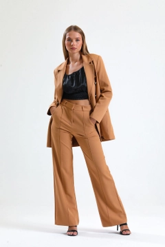 A wholesale clothing model wears sns10722-sense-camel-ornamental-stitched-hürrem-fabric-wide-leg-trousers, Turkish wholesale Pants of SENSE