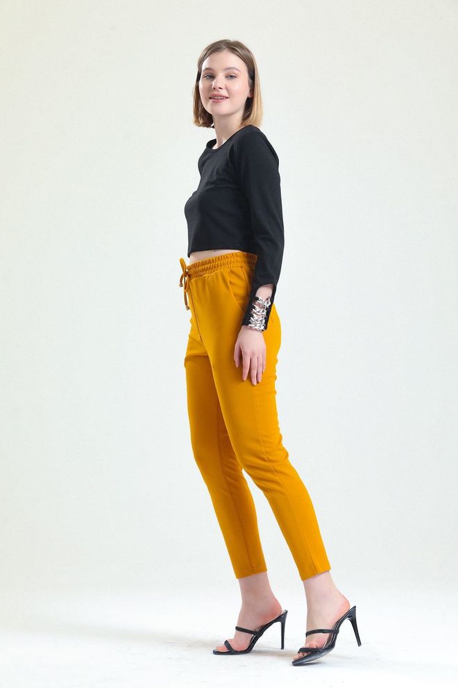 SENSE Sense Saffron Scuba Crepe Trousers With Elastic Waist Pockets And Tie Ups Wholesale Clothing Summer