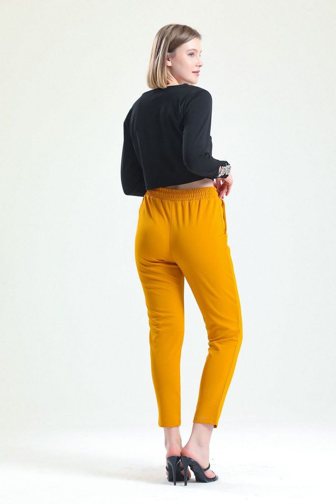 SENSE Sense Saffron Scuba Crepe Trousers With Elastic Waist Pockets And Tie Ups Wholesale Clothing Sport