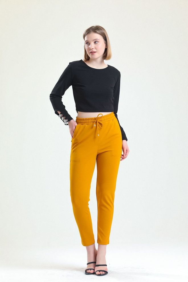 SENSE Pantaloni Din Crepon Scuba Sense Saffron Cu Talie Elastică Buzunare Și Cravate Îmbrăcăminte cu ridicata Casual