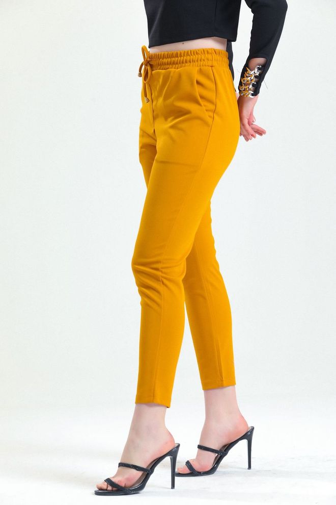 SENSE Sense Saffron Scuba Crepe Trousers With Elastic Waist Pockets And Tie Ups Wholesale Clothing Polyester