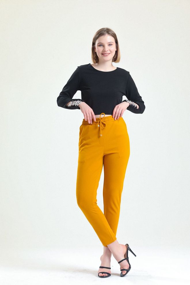 SENSE Sense Saffron Scuba Crepe Trousers With Elastic Waist Pockets And Tie Ups Wholesale Clothing Dating