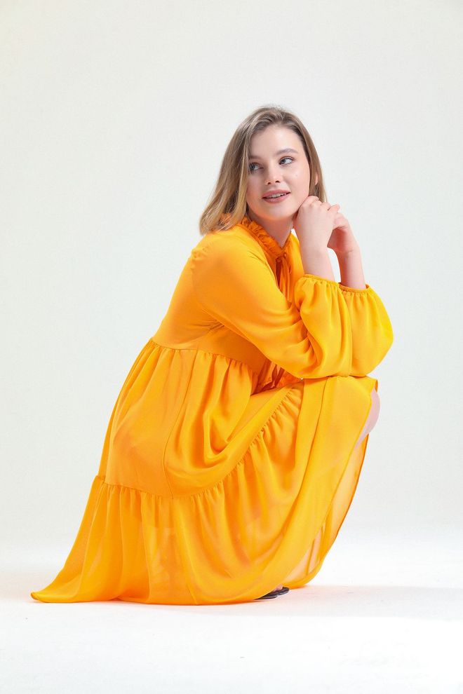 SENSE فستان Sense برتقالي بياقة رسن وأكمام طويلة ومبطن بالشيفون Elb32766 ملابس بالجملة غير رسمي