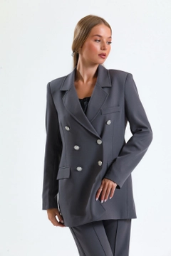 A wholesale clothing model wears sns10734-sense-dark-gray-lined-hürrem-fabric-oversize-blazer-jacket, Turkish wholesale Jacket of SENSE