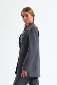 A wholesale clothing model wears sns10734-sense-dark-gray-lined-hürrem-fabric-oversize-blazer-jacket, Turkish wholesale Jacket of SENSE