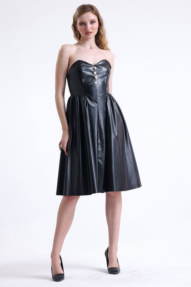 SENSE Sense Black Faux Leather Strapless Dress Wholesale Clothing Sexy