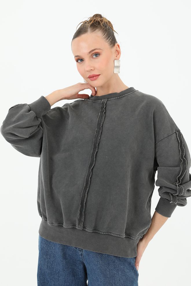 SOUL Dikiş Detaylı Eskitme Sweatshirt Antrasit Toptan Giyim Gündelik