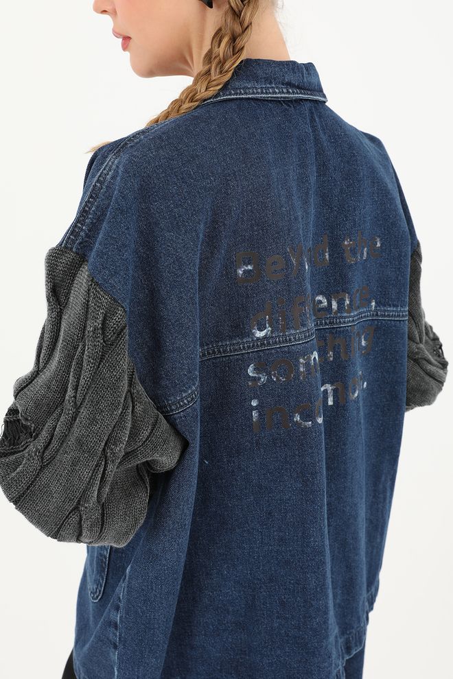 SOUL جاكيت من الدنيم مع تفاصيل الأكمام المحبوكة أنثراسيت وأزرق ملابس بالجملة لا يوجد قماش