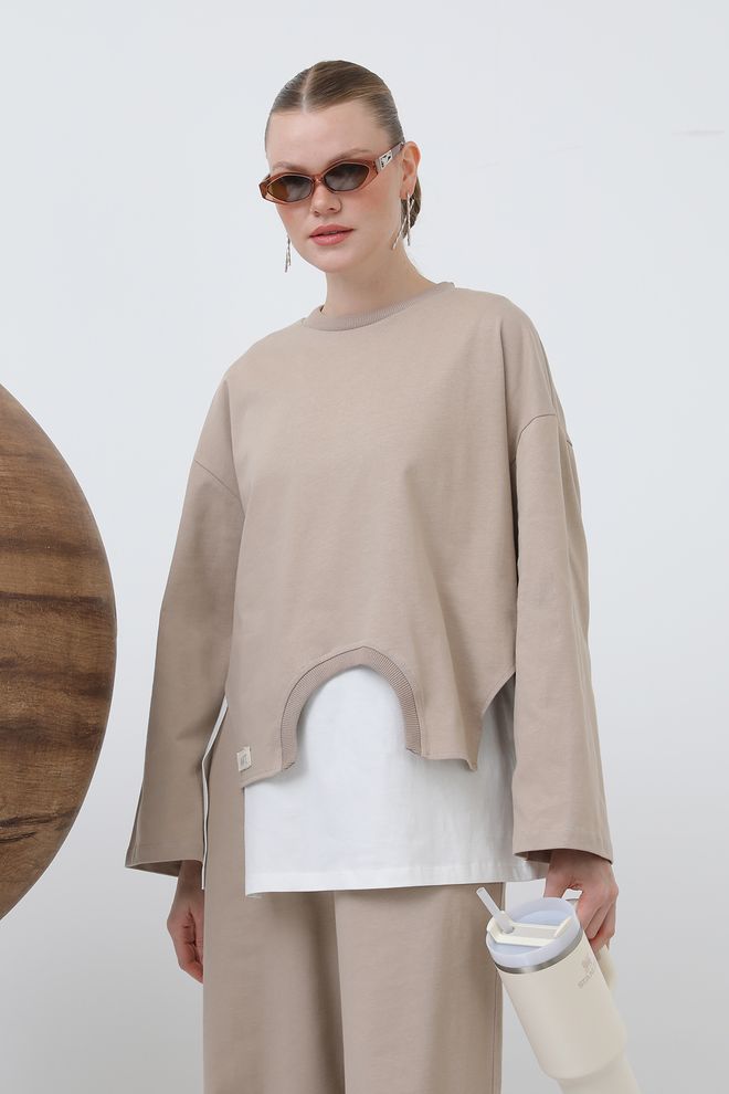 SOUL Basic Asimetrik Garnili Sweatshirt Bej Toptan Giyim Gündelik