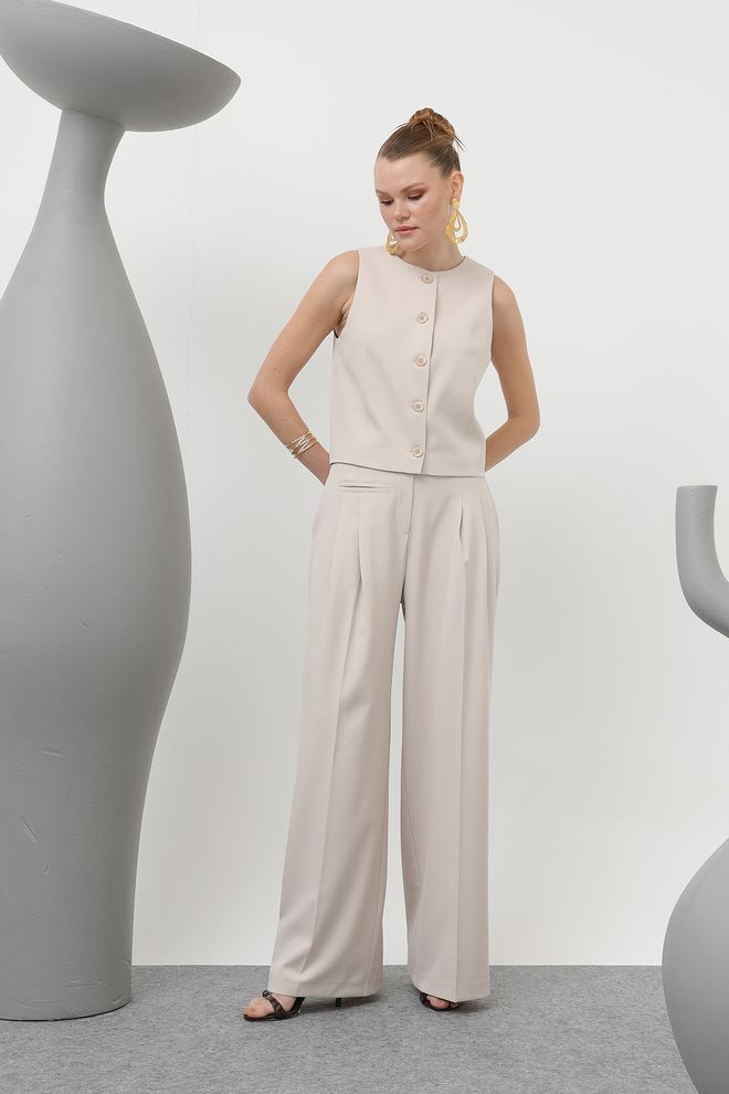 SOUL Calças Femininas Com Forro Estampado Detalhado Bege Roupas por atacado Casual