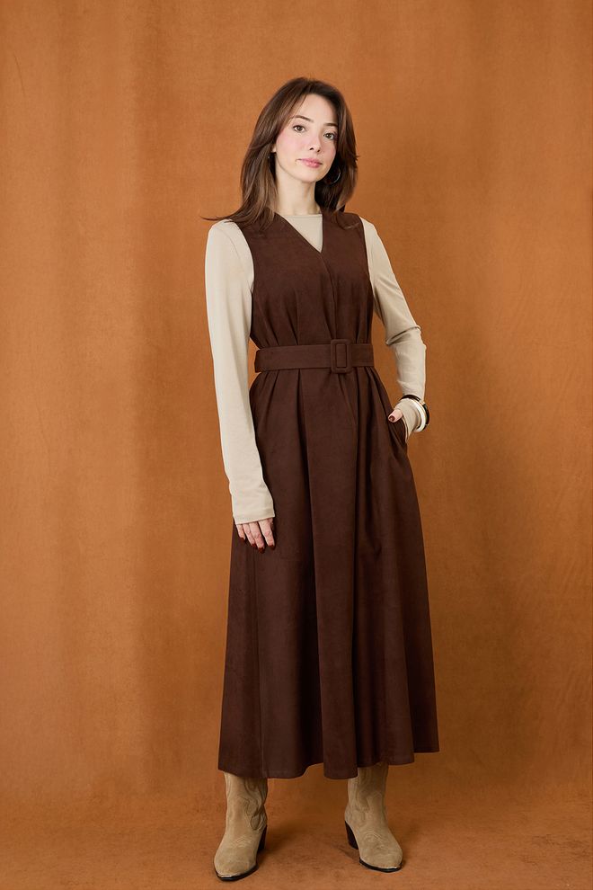 SOUL Καφέ Απλό Wrap Φόρεμα Με V Neck Και Μάξι Μήκος Χονδρικό εμπόριο ενδυμάτων Απλό
