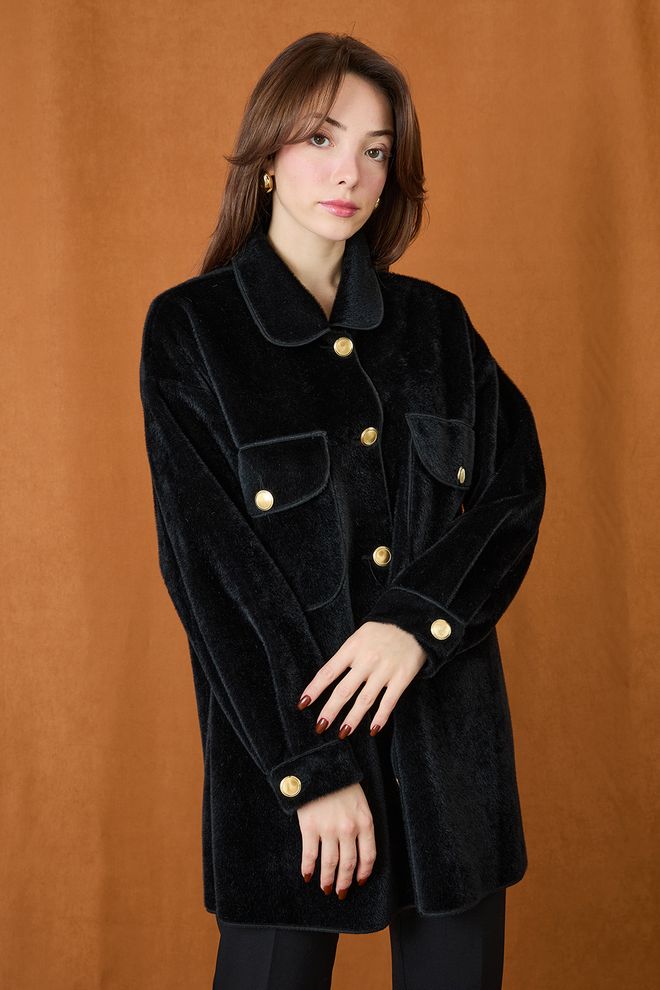 SOUL Siyah Tek Düğmeli Peluş Kaban Toptan Giyim Gündelik