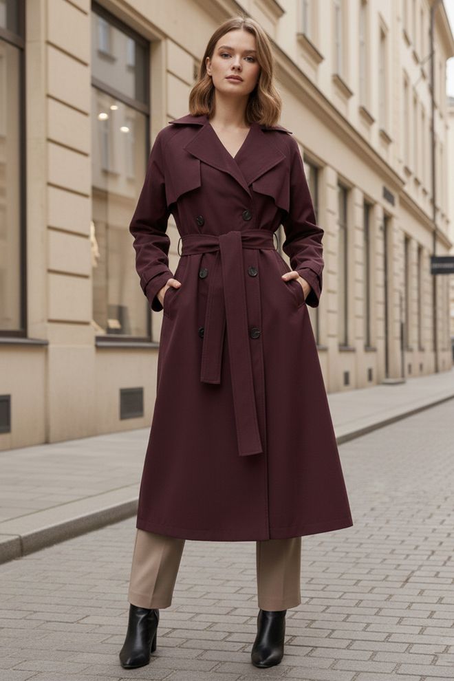 SOUL Trencz Bordowa Czerwień Dwurzędowy Elegancki Styl Hurtowa sprzedaż odzieży Casual