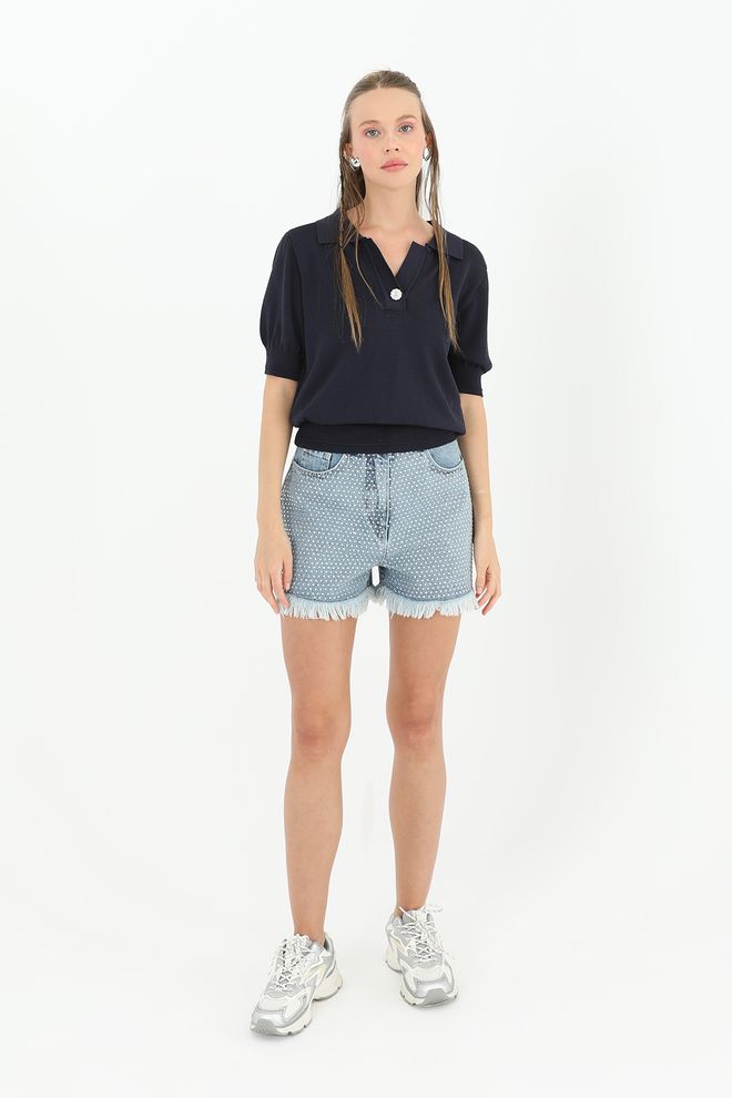 SOUL Блузка Темно синяя С Пышными Рукавами До Локтя И Зубчатым Вырезом Оптовая продажа одежды Повседневный