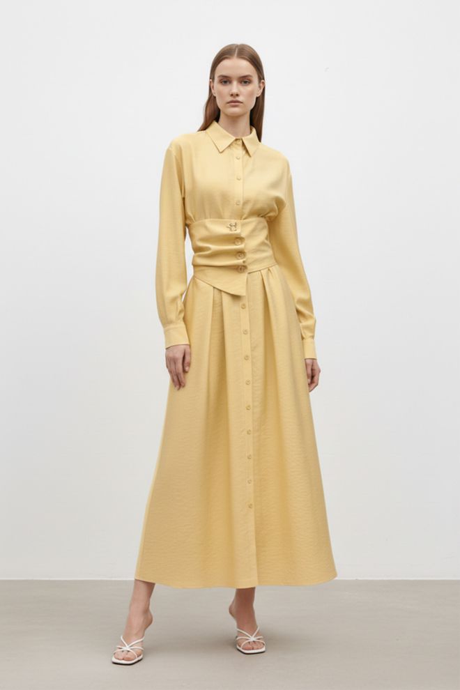 SOUL Элегантное Желтое Макси Платье рубашка С Зубчатым Вырезом Оптовая продажа одежды Скромный