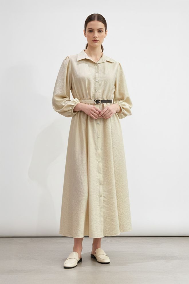 SOUL Бежевое Скромное Элегантное Платье Рубашка С Баллонным Рукавом Макси Оптовая продажа одежды Скромный