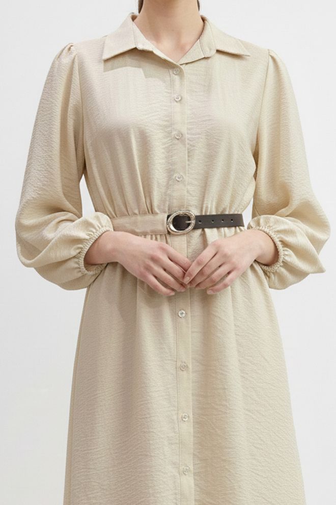 SOUL Smėlio Spalvos Nuosaikūs Elegantiški Marškiniai Su Balioniniais Rankovėmis Maxi Didmeninė prekyba drabužiais Metalo spalvos siūlai